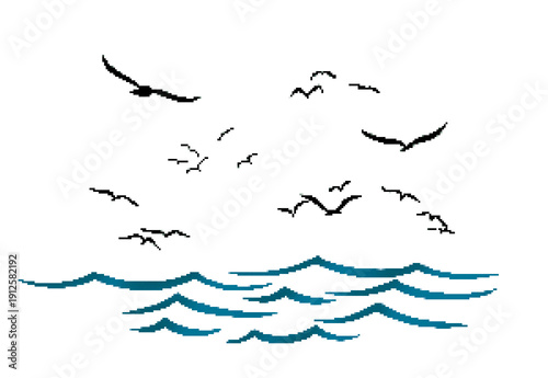 A pixel seascape with flight birds.