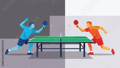 Two players compete intensely in a table tennis match indoors.