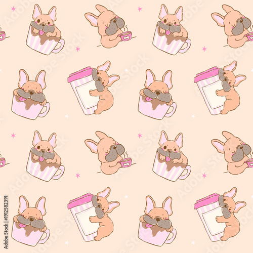 French bulldog in coffee cup seamless pattern hand drawn blep frenchie derp dog coffee addict background