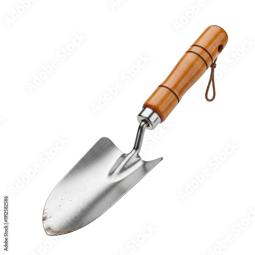 A gardening trowel with a wooden handle and metal blade on a white background.