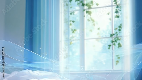 Air filtration effect in bedroom scene, suitable for website designs, online content, marketing campaigns, and thematic visuals. The blue waves convey freshness and innovation for diverse applications