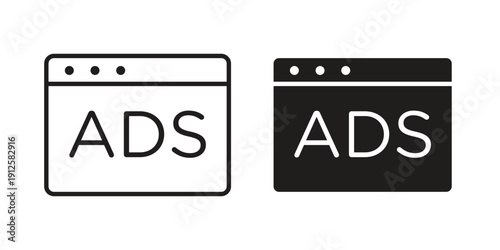 Ads icon in black line style set. logotype designs