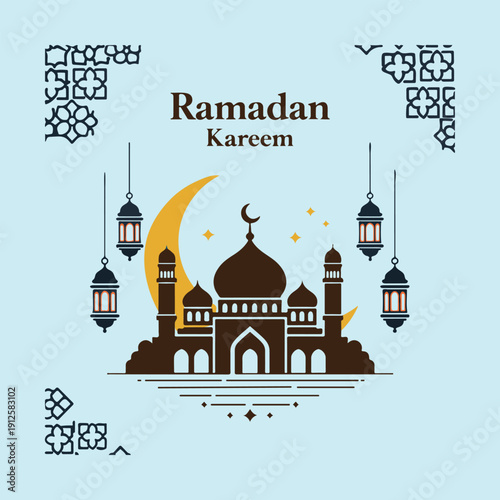 Ramadan Kareem greeting card with mosque, crescent moon, and traditional lanterns illustration.