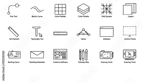 Graphic Design Line Icons Set for Creative Tools Software and Designer Workspace Vector