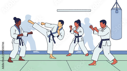Group of martial arts practitioners sparring and training in a dojo with protective gear and punching bags.