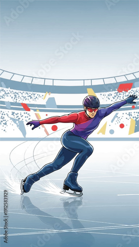 Dynamic ice skater gliding on an indoor rink during a competitive performance.