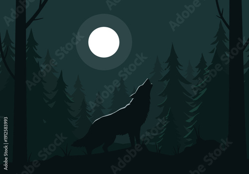 A lone wolf howls at the full moon in a dark forest, surrounded by tall trees, from a distant viewpoint
