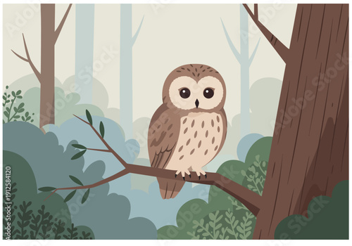 An owl perched on a tree branch in a serene forest environment viewed from the side.