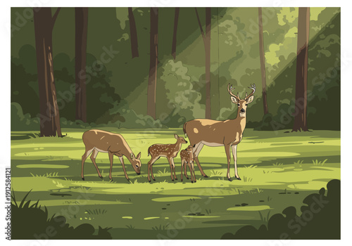 Deer family grazing peacefully in a serene forest glade illustration