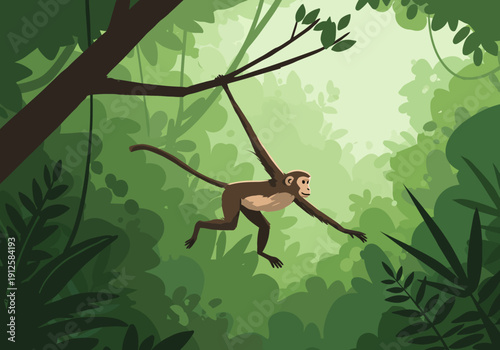 A monkey swinging through the lush green forest canopy with agility and ease, viewed from below in a serene environment
