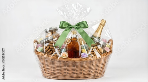 Beautifully wrapped Eid hamper gift basket, a cookies, syrups, flowers, and green ribbon, isolated on white background