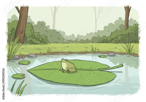 A serene illustration of a frog resting on a lily pad in a peaceful pond surrounded by lush greenery and trees viewed from a calm perspective