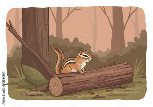 A chipmunk standing on a fallen tree trunk in a serene forest environment viewed from a slight angle