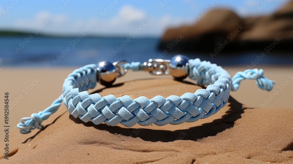 Fototapeta premium Light blue braided bracelet on sandy beach