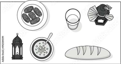 Assorted Food Items and Kitchen Utensils Illustration.