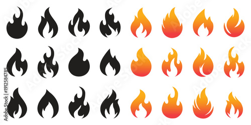 Minimal Fire Icon Set, Flame Torch Candle Match Campfire Symbols. Fire icon collection. Fire flame symbol. Fire flame icon vector design symbol. Set of fire icons. Flame design of different shapes