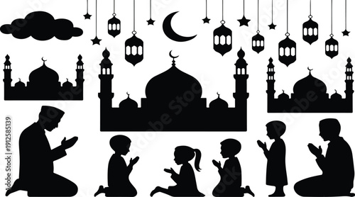 Islamic prayer silhouettes isolated on transparent background, Vector, illustration