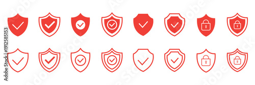 Shield security icon set, protection symbols, security icon with check mark and lock sign