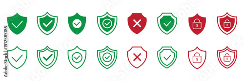Shield security icon set, protection symbols, security icon with check mark and lock sign