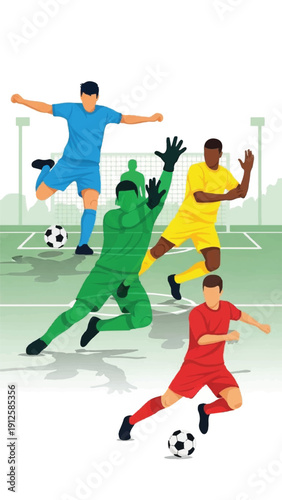 Energetic outdoor soccer match with multiple players competing fiercely on a sunny field.