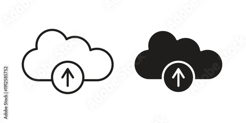 Cloud upload icon in black line style set. logotype designs