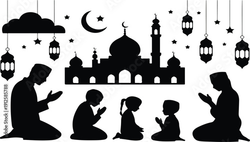 Islamic prayer silhouettes isolated on transparent background, Vector, illustration