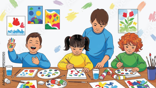 Children painting and drawing together at a craft table, colorful art activity scene.