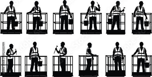 Construction workers standing on aerial work platform with tools, maintenance silhouettes isolated on white background illustration setConstruction workers standing on aerial