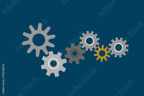 Modern industrial gear system vector illustration featuring interlocking cogwheels symbolizing mechanical engineering, automation, teamwork, productivity and industrial process. Clean flat design. 