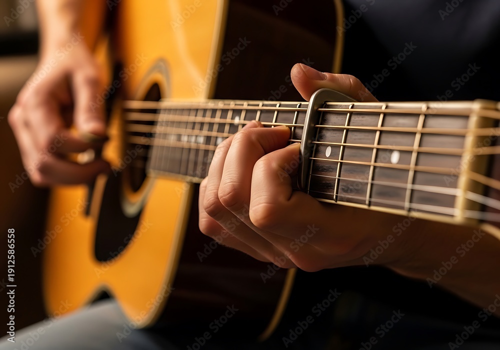 Fototapeta premium Captivating Acoustic Guitar Performance with Focus on Hand Technique and Music