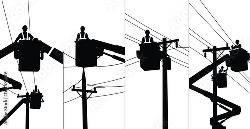 Electrical workers in bucket lifts repairing overhead power lines, utility maintenance silhouettes isolated on white background illustration