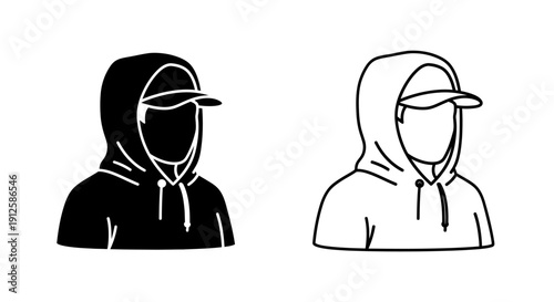 Vector illustration of a person wearing a black hoodie and baseball cap, presented as both a solid silhouette and an outline, isolated on a transparent background.