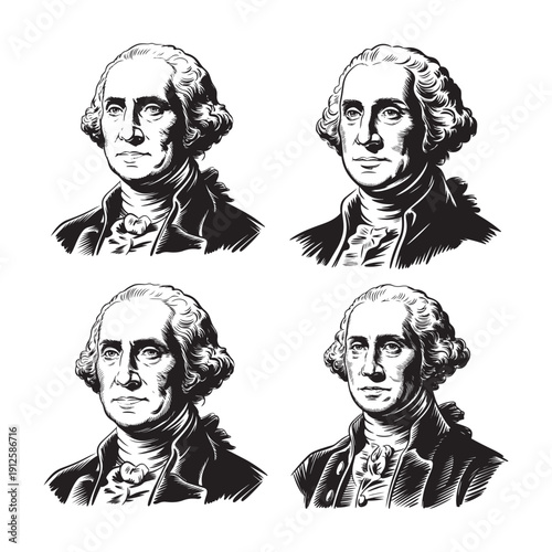 Four portraits of george washington in vintage etching style on white background