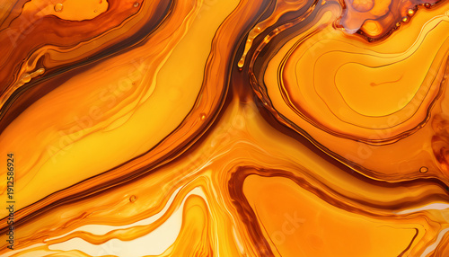 Macro Texture of Ancient Fossilized Amber Resin with Golden Viscous Flow and Organic Patterns