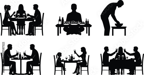 Dining silhouette illustration, family meal, social gathering, food preparation, celebration toast, restaurant culture, eating together, culinary lifestyle, flavector