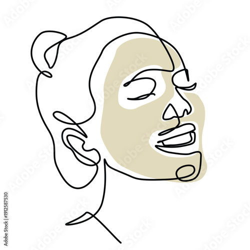Beautiful young woman with facial mask one line drawing. Beautiful young woman with facial mask single line illustration. Beautiful young woman with facial mask minimalist line art
