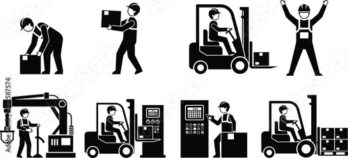 Warehouse workers operating forklift and handling boxes, logistics and industrial manufacturing silhouettes isolated on white background illustration set