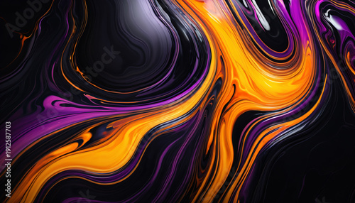 Abstract Dark Liquid Marble Texture with Vibrant Neon Orange and Purple Fluid Swirls