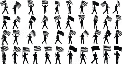 Collection of people silhouettes holding American flags, patriotic USA celebration set isolated on white background vector illustration