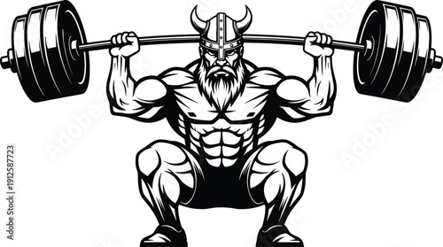 Viking warrior lifting heavy barbell in squat position, muscular bodybuilder mascot logo illustration isolated on white background