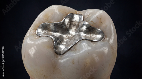 Tableau sur toile tooth with silver filling, dental care, oral health, dentistry concept