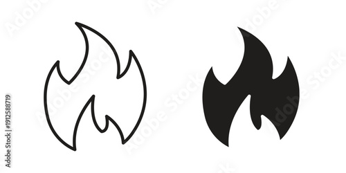 Flame icon in black line style set. logotype designs