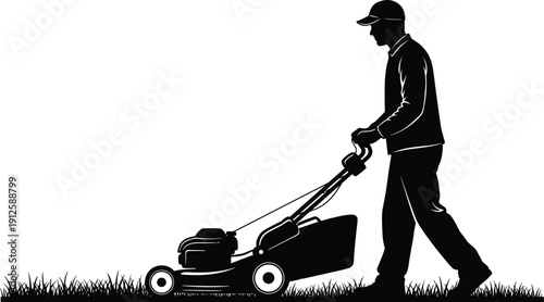 Person mowing lawn silhouette, gardening maintenance illustration, landscaping outdoor work concept, push mower grass cutting vector art, yard care service scene - flavector