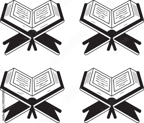 Minimalist 2x2 Grid of Holy Quran Icons on Rehal Stands, Black and White Islamic Symbols Set
