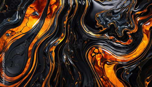 Luxury Black Liquid Marble Texture with Molten Gold and Amber Veins, Abstract Fluid Art Background