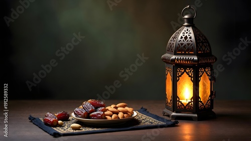 Ramadan iftar dates plate with traditional lantern and warm lighting background