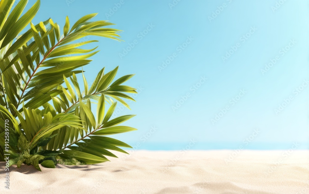 Fototapeta premium Vibrant Beach Landscape with Soft Glow and Colorful Palm Leaves