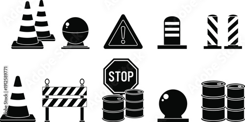 Road safety traffic control silhouette, construction zone equipment illustration, barricade cone bollard vector art, warning sign barrier concept scene - flavector