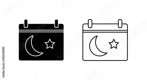 Black vector calendar icon with crescent moon and star, isolated on transparent background, suitable for app UI or website design.