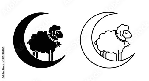 Vector illustration of a black silhouette and outline white sheep standing on a crescent moon, isolated on a transparent background, perfect for Eid al-Adha designs.